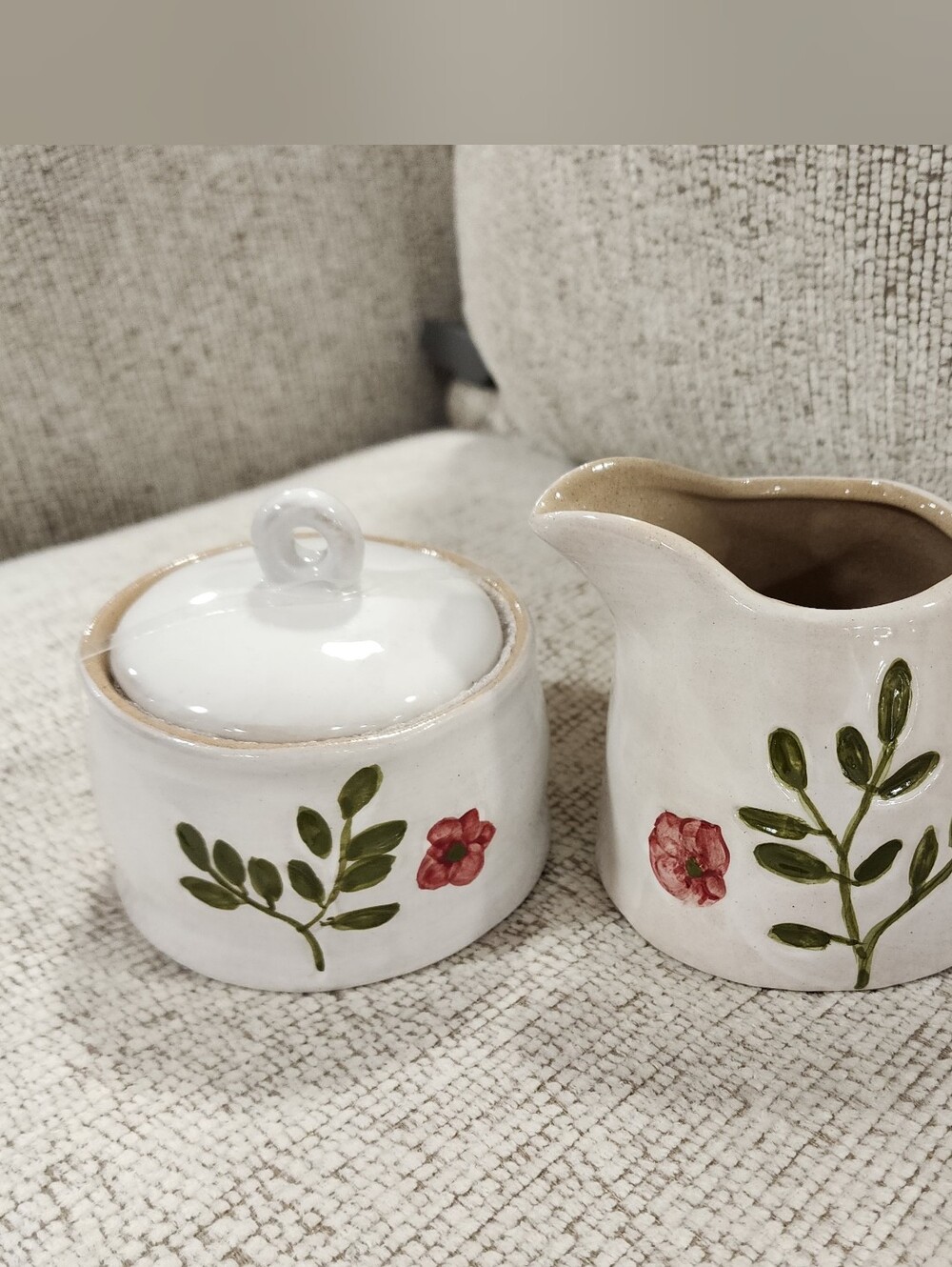 Potters Studio White Ceramic Floral Sugar Bowl and Creamer Set